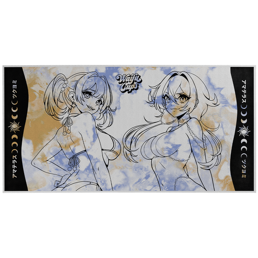 Blue and beige tie-dye beach towel with black outlines of two anime girls in swimsuits and celestial symbols on sides.