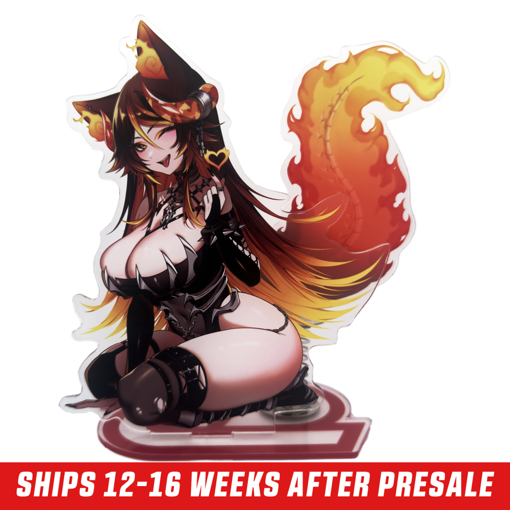 Kneeling demon girl with flaming orange tail, black horned headpiece, and revealing black outfit on acrylic standee.
