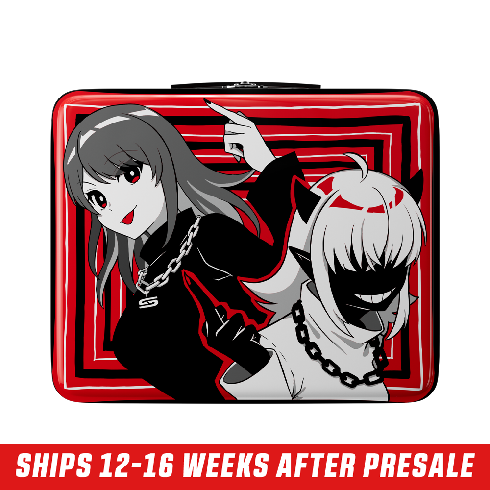 Square red lunch box featuring two anime characters with chains and bold black and white graphic accents.