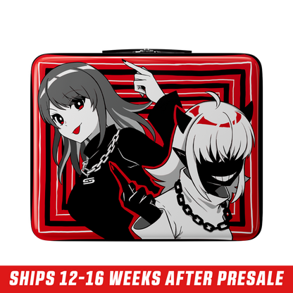 Square red lunch box featuring two anime characters with chains and bold black and white graphic accents.