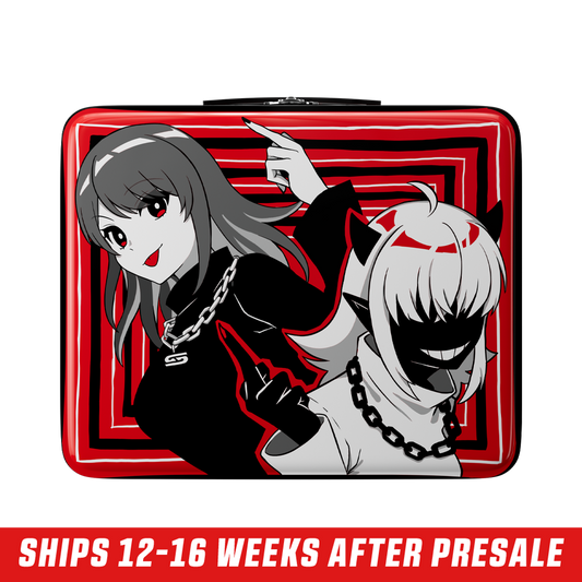 Square red lunch box featuring two anime characters with chains and bold black and white graphic accents.