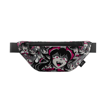 Black and gray gamer bag with pink accents featuring multiple anime-style demon girl faces and a black adjustable strap.