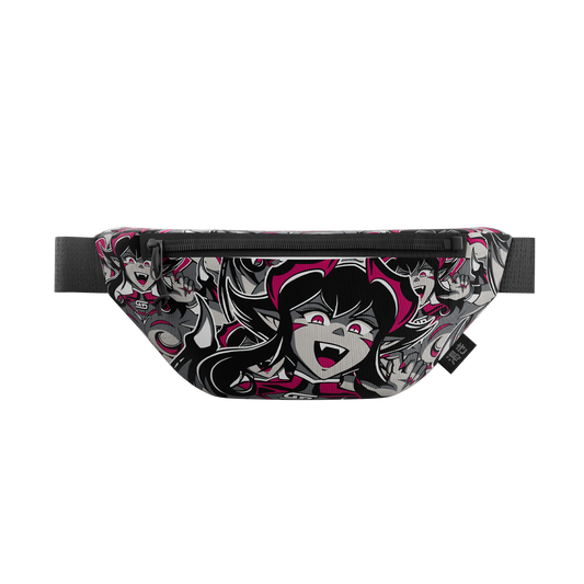 Black and gray gamer bag with pink accents featuring multiple anime-style demon girl faces and a black adjustable strap.