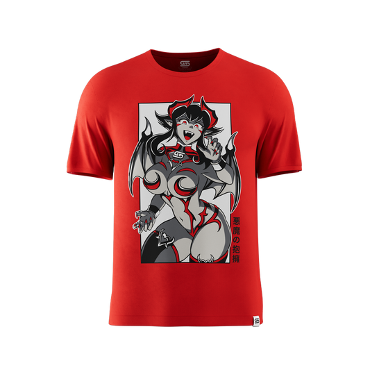 Red shirt featuring a stylized anime demon girl with black wings, red accents, and Japanese text on the side.