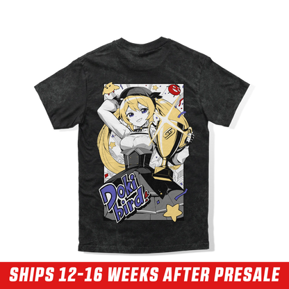Black acid-wash shirt with small purple and white "Doki bird" logo and red lips graphic on left chest