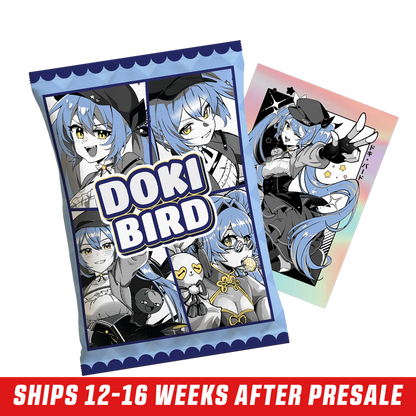 Three blue-bordered sticker packs featuring anime-style character with blue hair and yellow eyes in various poses.