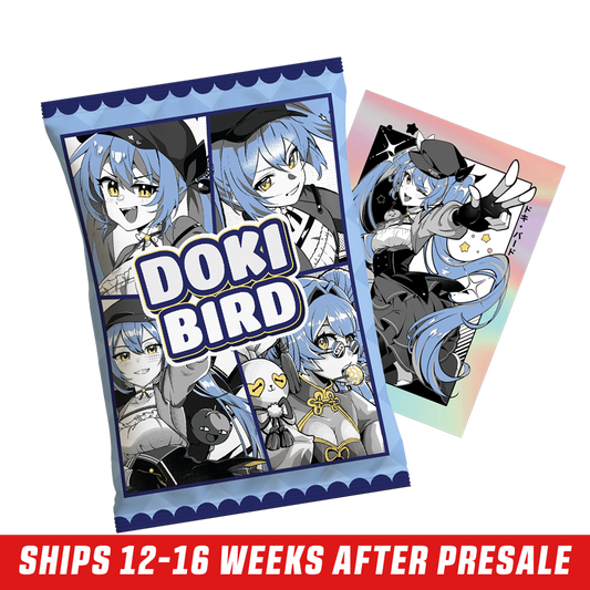 Three blue-bordered sticker packs featuring anime-style character with blue hair and yellow eyes in various poses.