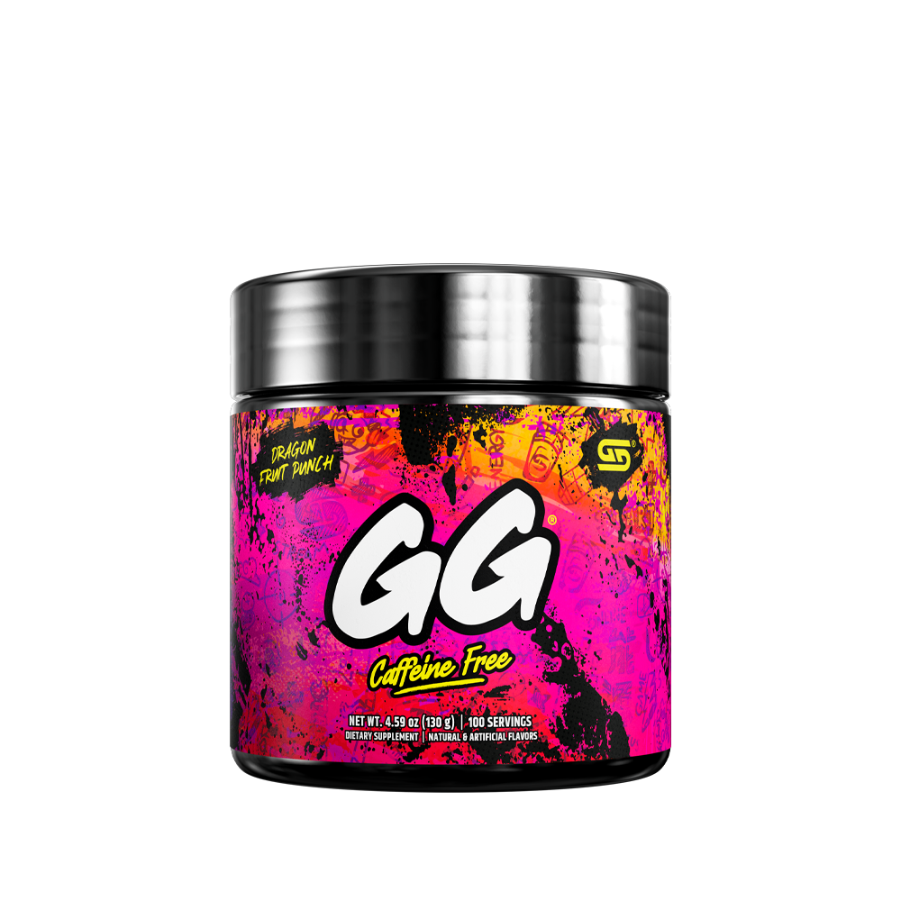 Black container with colorful yellow, pink, and orange graffiti-style design and detailed supplement facts label on back