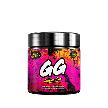 Black container with colorful yellow, pink, and orange graffiti-style design and detailed supplement facts label on back