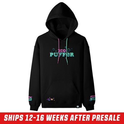 Black hoodie with colorful pixelated text on the lower sleeves and a large hood, size 6XL.
