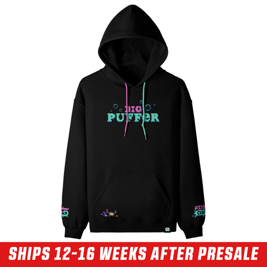 Black hoodie with colorful pixelated text on the lower sleeves and a large hood, size 6XL.