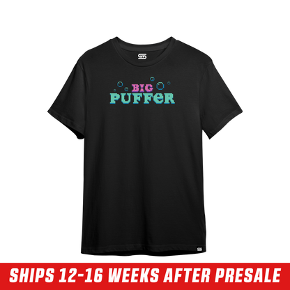 Black short-sleeve shirt with a small pixel art design of a crowned figure and purple plant near the neckline on the back.