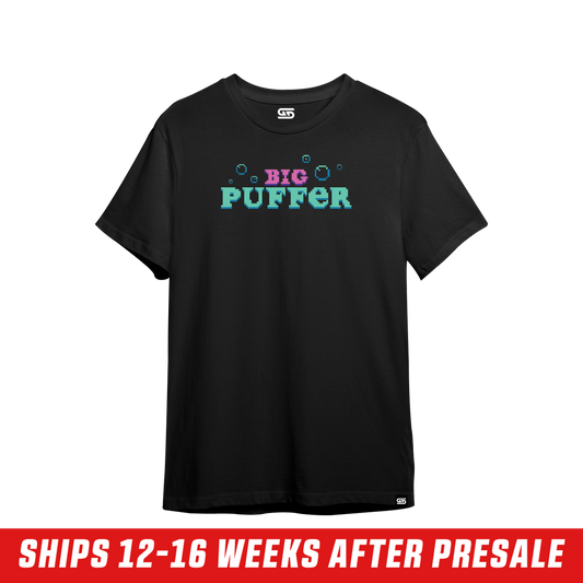 Black short-sleeve shirt with a small pixel art design of a crowned figure and purple plant near the neckline on the back.