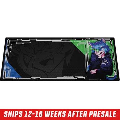 Rectangular mouse pad with anime character in blue hair and cat ears wearing glasses on black background.