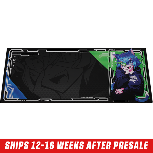 Rectangular mouse pad with anime character in blue hair and cat ears wearing glasses on black background.