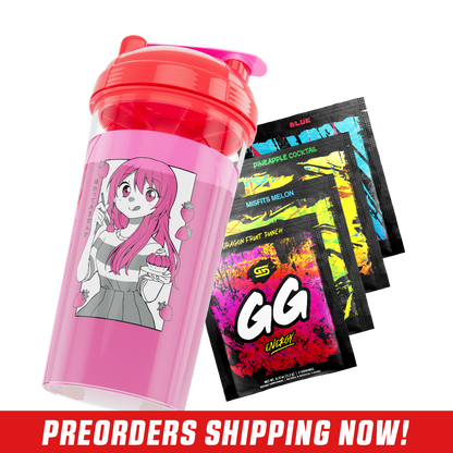 Clear shaker cup with red lid featuring black and white anime-style characters and playful doodles on the side