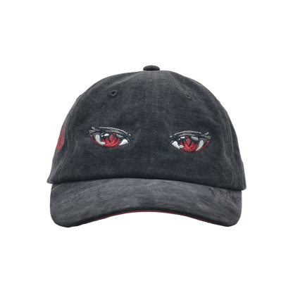 Dark gray baseball cap with embroidered red rose and a detailed eye design on the front panel.