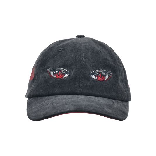 Dark gray baseball cap with embroidered red rose and a detailed eye design on the front panel.