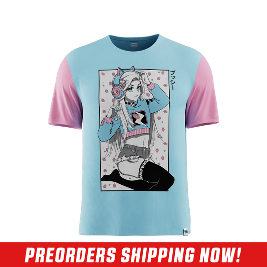 Light blue shirt with contrasting light pink short sleeves shown from the back in size 6XL.
