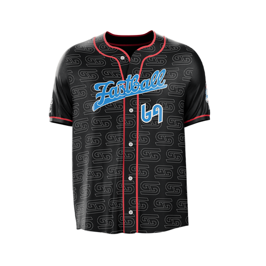 Black jersey with red sleeve trim, white "Waifu Cups" text on sleeve, and blue and white graphic on side panel.