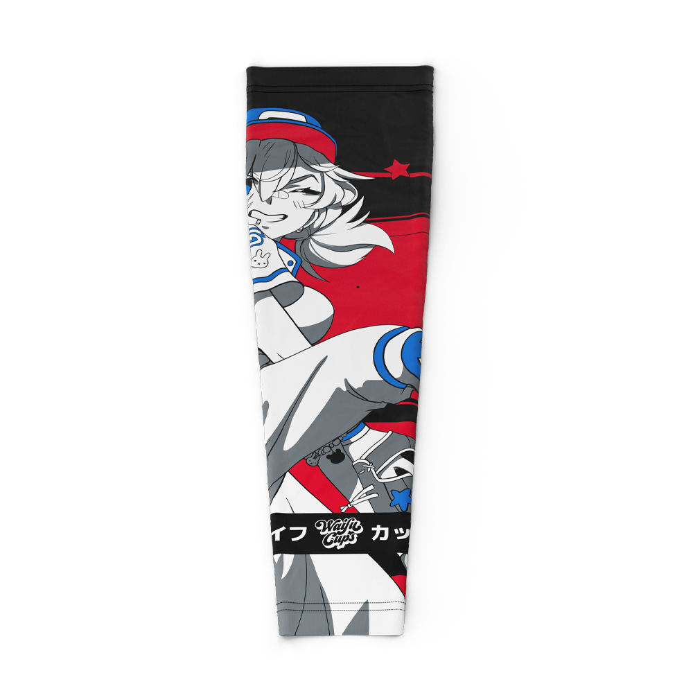 Black, red, and gray gaming sleeve featuring an anime-style character with blue accents and a baseball motif.