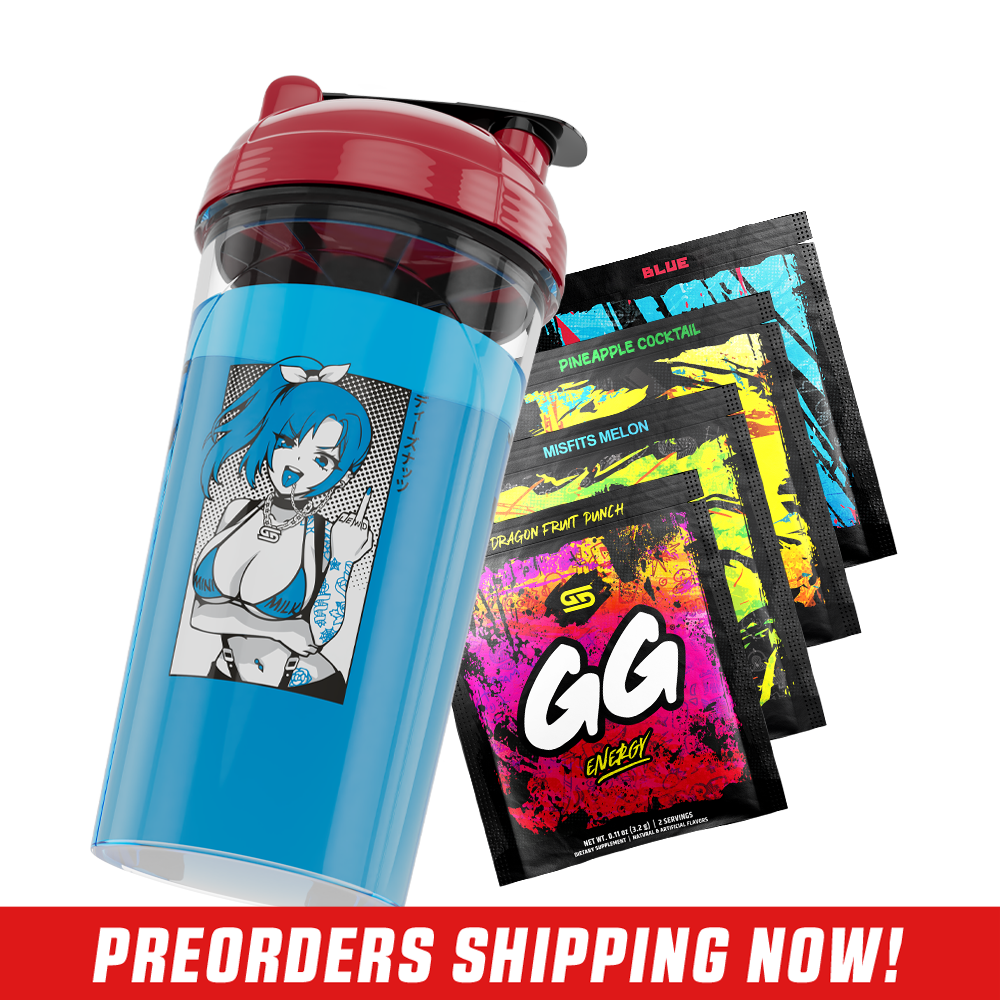 Clear plastic shaker cup with a bold black logo and a glossy red screw-on lid with a black flip cap.