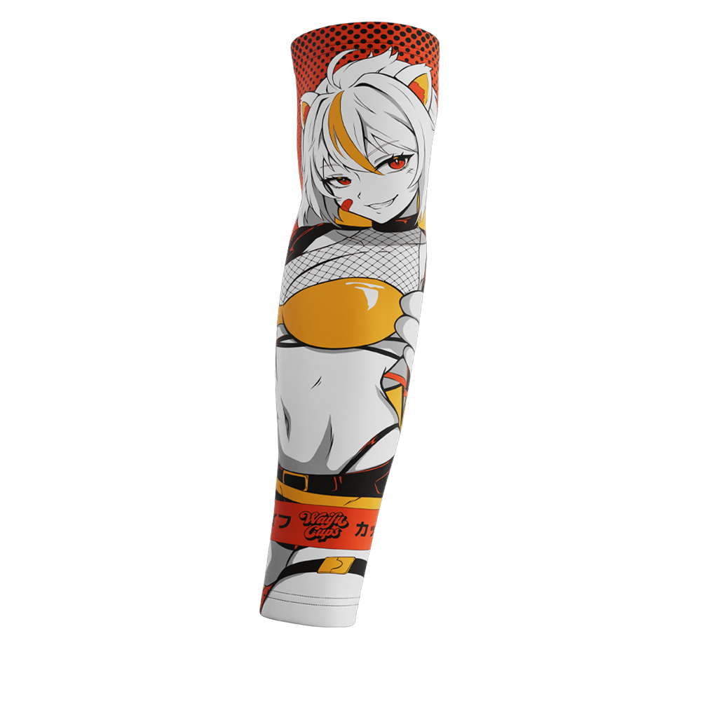 White-haired anime girl with cat ears in yellow and black outfit on orange and black gaming sleeve.