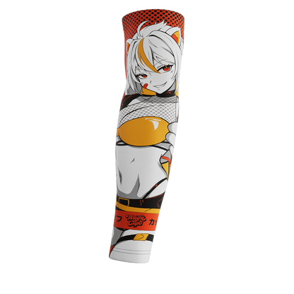 White-haired anime girl with cat ears in yellow and black outfit on orange and black gaming sleeve.