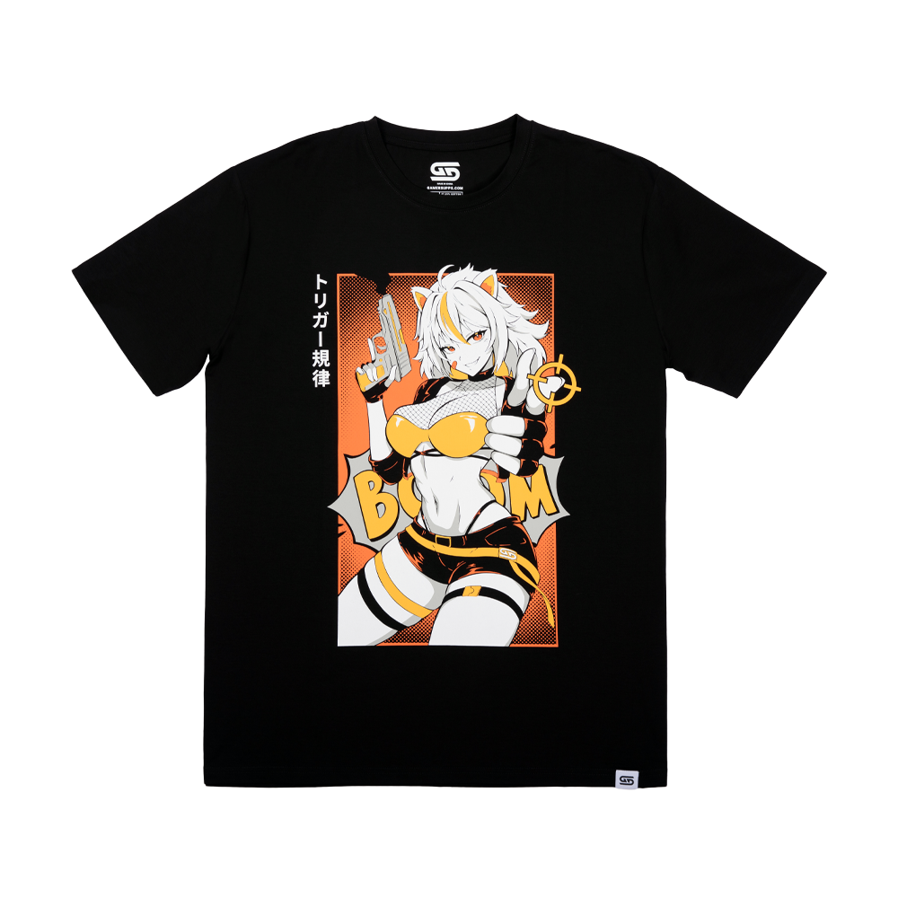 Anime cat-girl with white hair and yellow highlights holding a gun and giving a thumbs-up on black shirt.