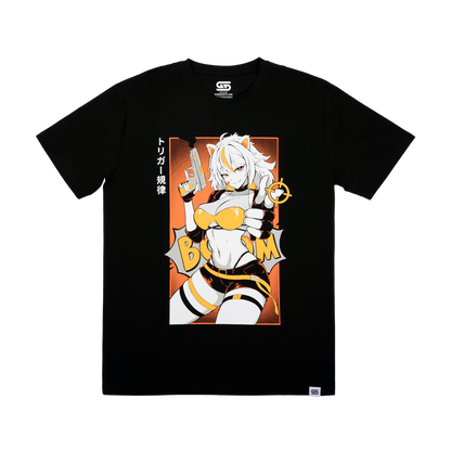 Anime cat-girl with white hair and yellow highlights holding a gun and giving a thumbs-up on black shirt.