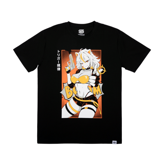 Anime cat-girl with white hair and yellow highlights holding a gun and giving a thumbs-up on black shirt.