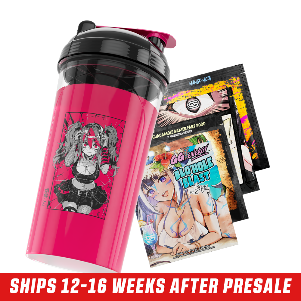Transparent pink shaker cup with a black lid and a shattered black "ST" logo on the front.