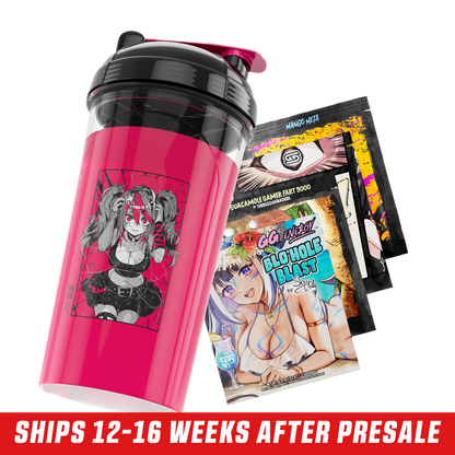 Transparent pink shaker cup with a black lid and a shattered black "ST" logo on the front.