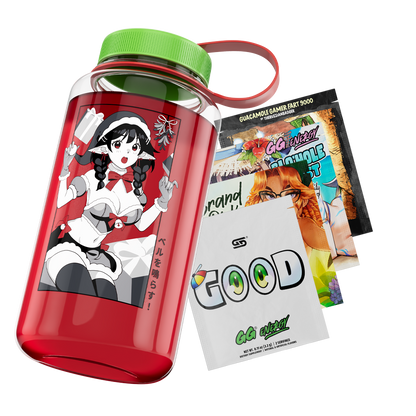 Clear jug filled with red liquid, green lid with red loop, and bold black "Waifu Cups" text on front