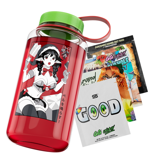 Clear jug filled with red liquid, green lid with red loop, and bold black "Waifu Cups" text on front