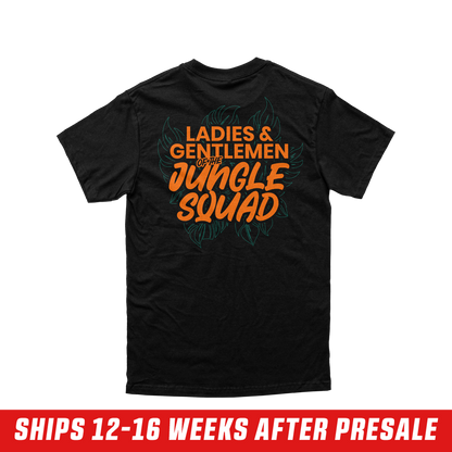 Black short-sleeve shirt with a small orange "G" and jungle leaf design on the left chest, size 6XL.