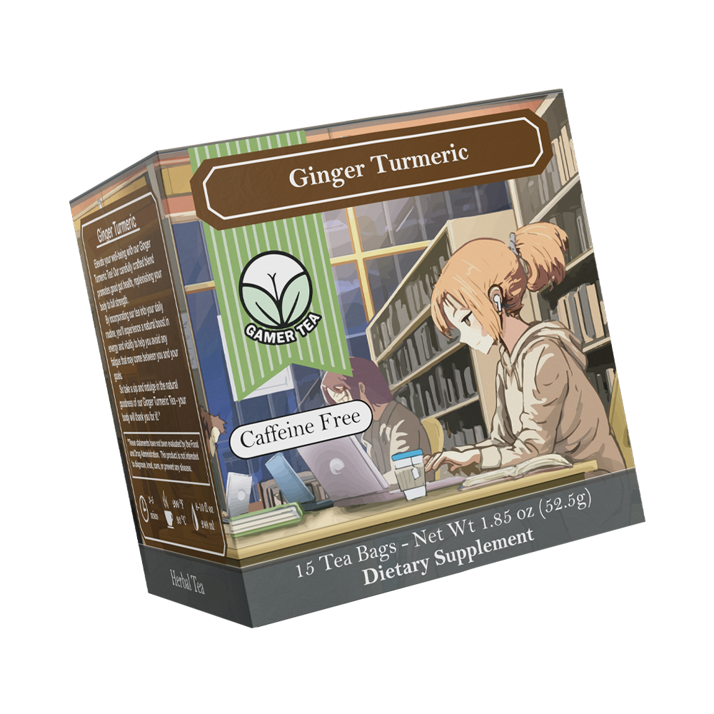 Supplement facts label for herbal tea with turmeric root, organic ginger root, and stevia leaf extract on a brown background.