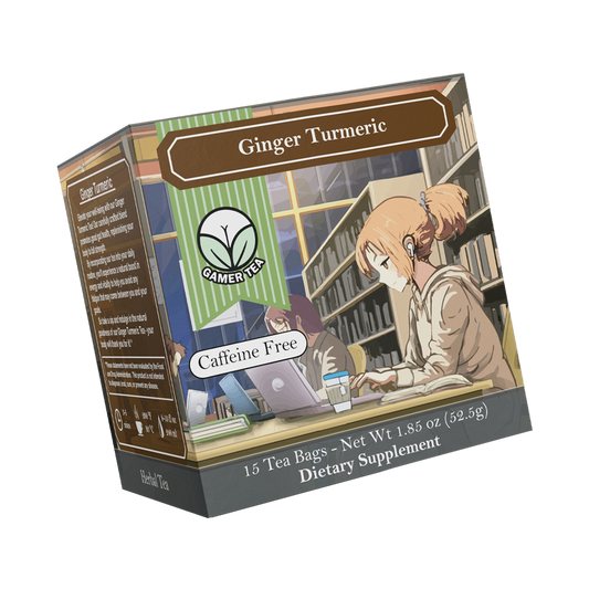Supplement facts label for herbal tea with turmeric root, organic ginger root, and stevia leaf extract on a brown background.