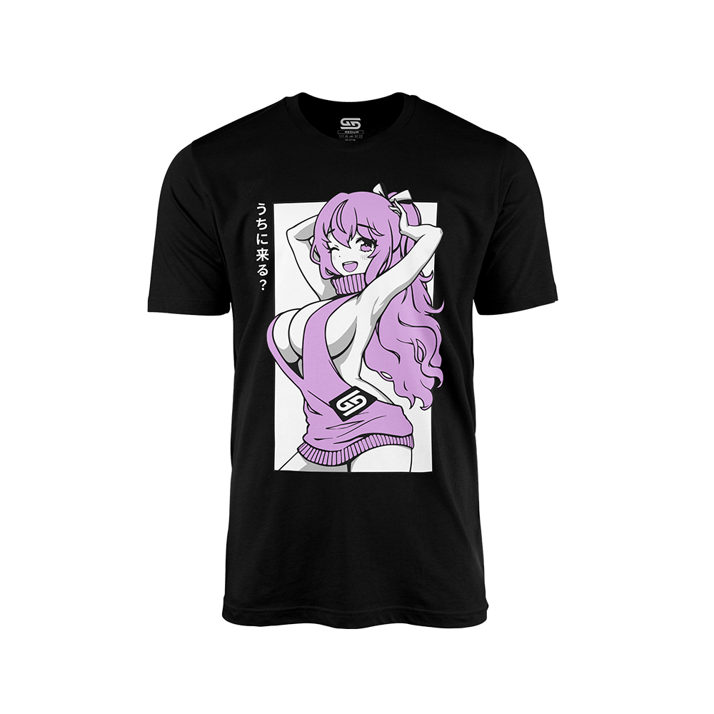 Black shirt with a large anime-style girl with long pink hair and a revealing pink sweater on the front.
