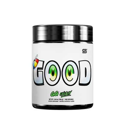 Black and silver supplement container showing detailed white label with supplement facts and usage instructions.
