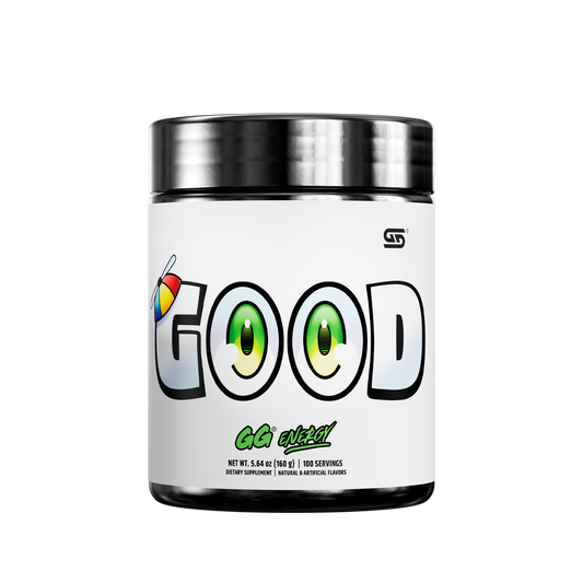 Black and silver supplement container showing detailed white label with supplement facts and usage instructions.