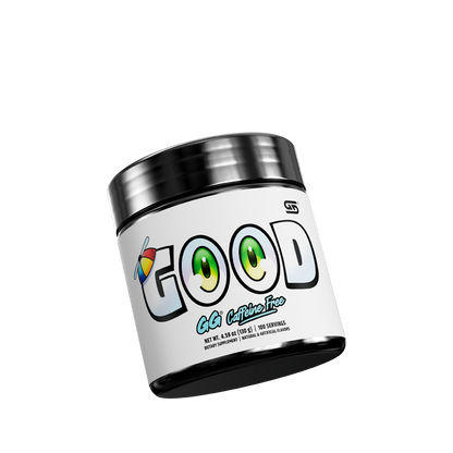front of GOOD 100 serving caffeine free tub tilted left showing bottom of tub