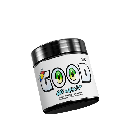 front of GOOD 100 serving caffeine free tub tilted left showing bottom of tub