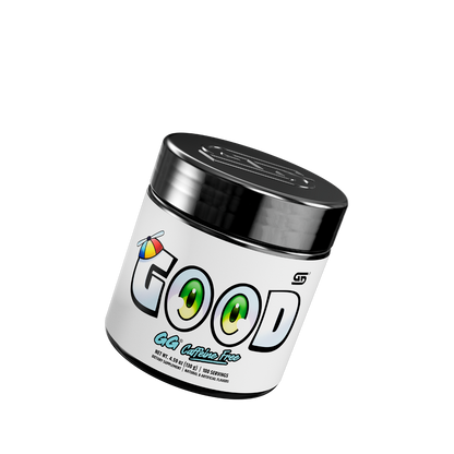 front of GOOD 100 serving caffeine free tub tilted right showing Gamer Supps logo on top of lid