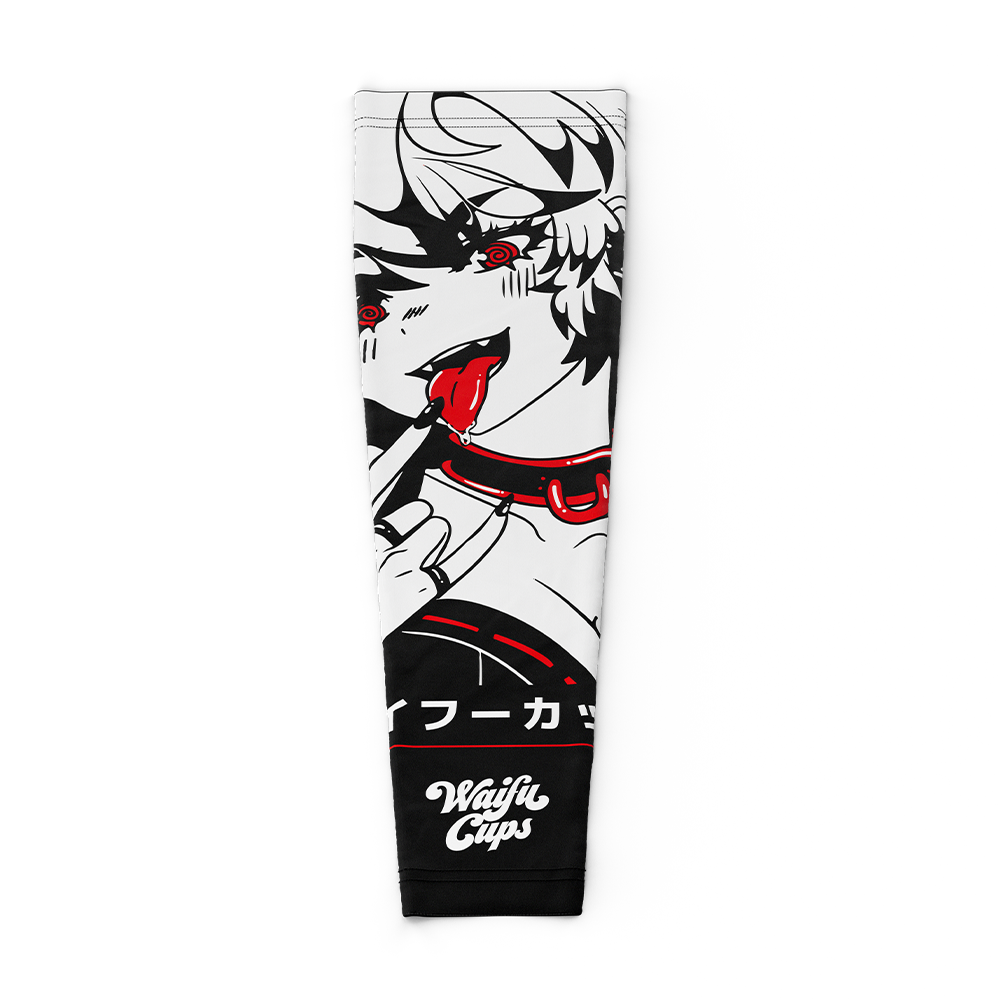 Black and white gaming sleeve with red accents featuring a goth anime character licking a finger and wearing a collar.