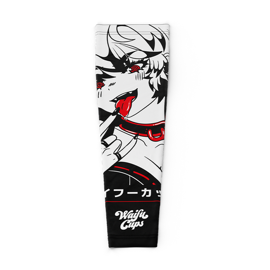 Black and white gaming sleeve with red accents featuring a goth anime character licking a finger and wearing a collar.