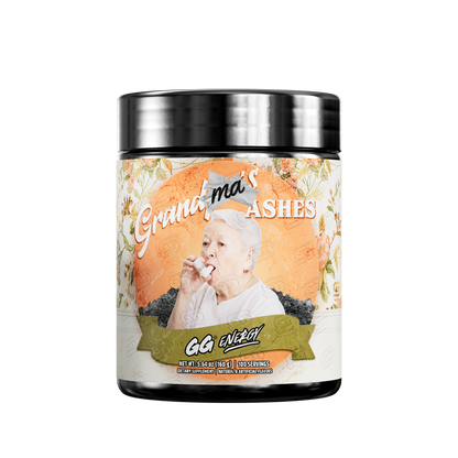 Black container with a floral label showing detailed nutrition facts and supplement directions in small text