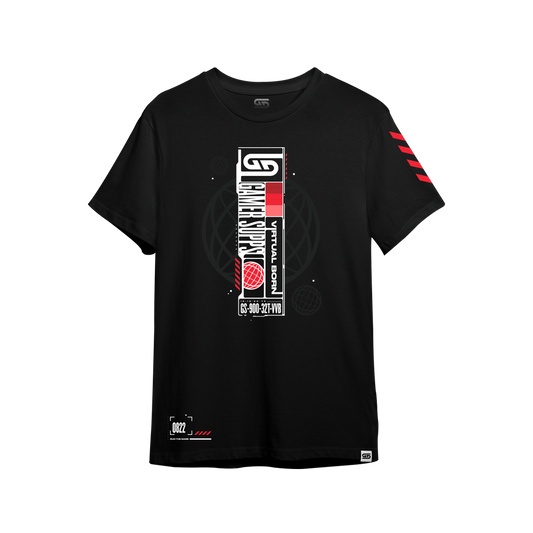 Black short-sleeve t-shirt with three diagonal red stripes on the left sleeve, shown from the back in 6XL size.