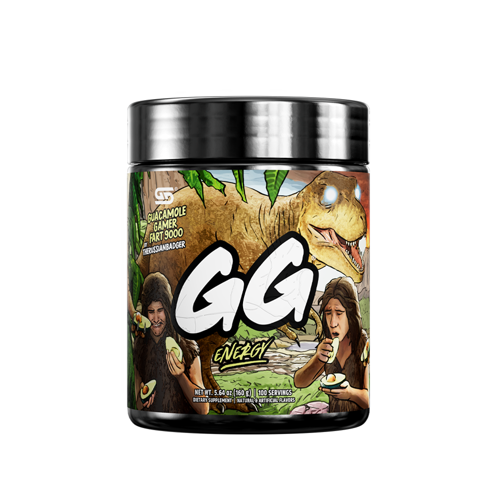 Black supplement container with detailed nutrition facts and green leafy design on the label's sides