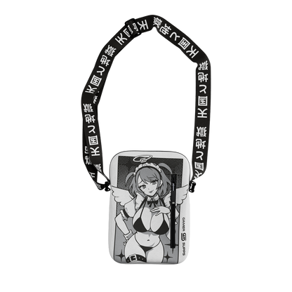Black and white anime-style maid character with belts and thigh-high stockings on a rectangular crossbody bag.